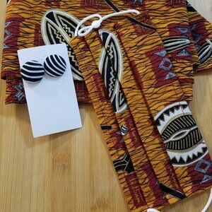 Hand Crafted Ankara Head Wrap Mask and Earrings Burgundy Gold Black 3-pieces
